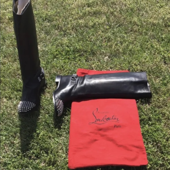 Christian louboutin Black Leather Round Toe Studded Spike Riding Boots Size 39.5 - Picture 6 of 10